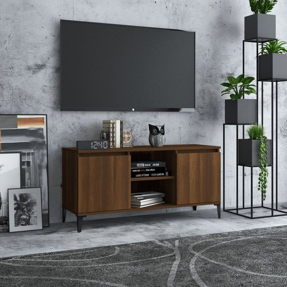 Vidaxl TV stolík s kovovými nohami hnedý dub 103,5x35x50 cm